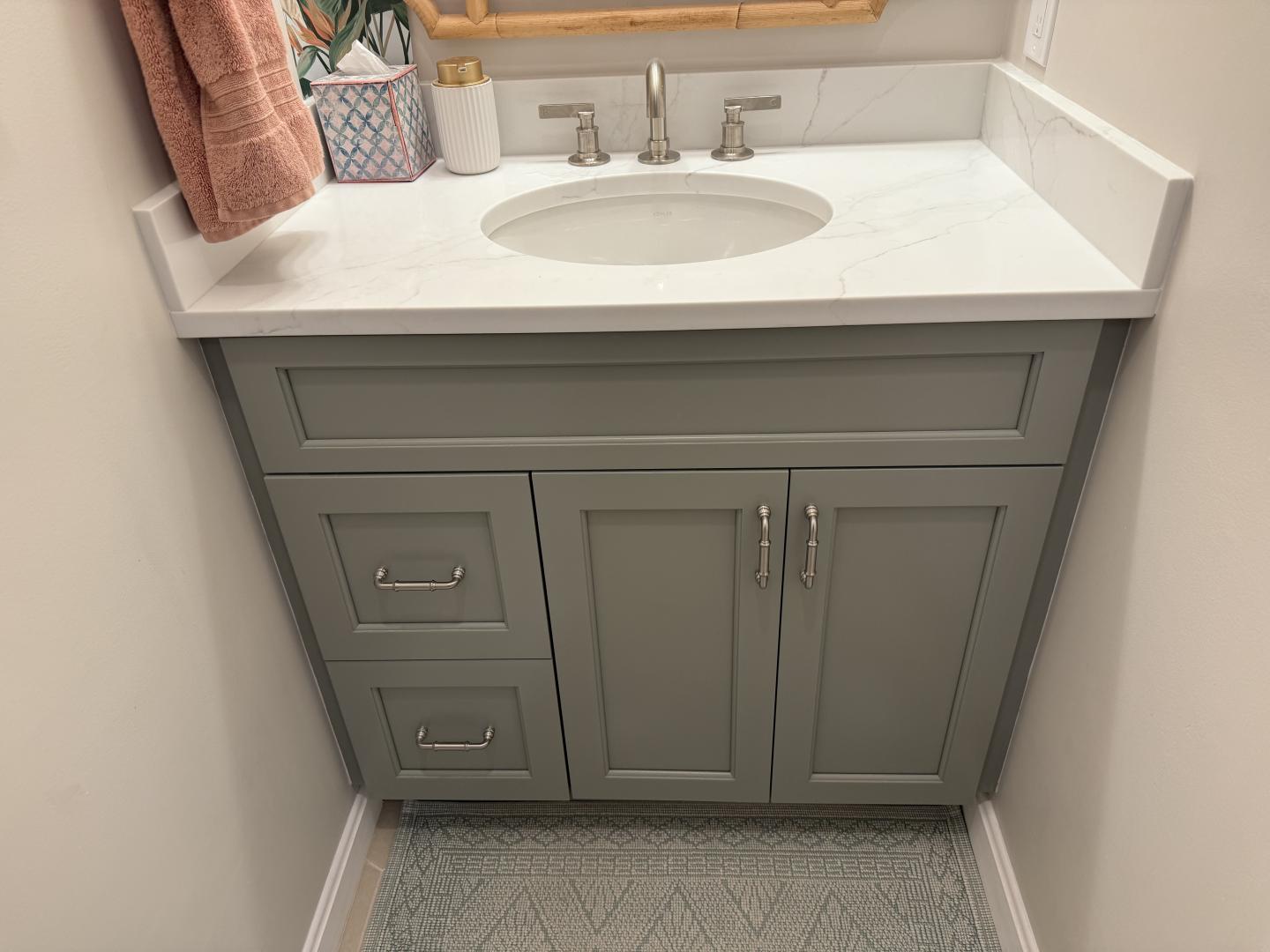 New green vanity cabinets in Charlestown bathroom